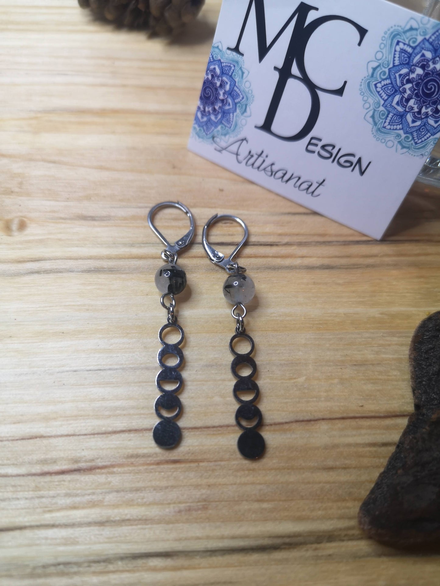 Boucles d'oreilles Cycle lunaire avec quartz rutilé